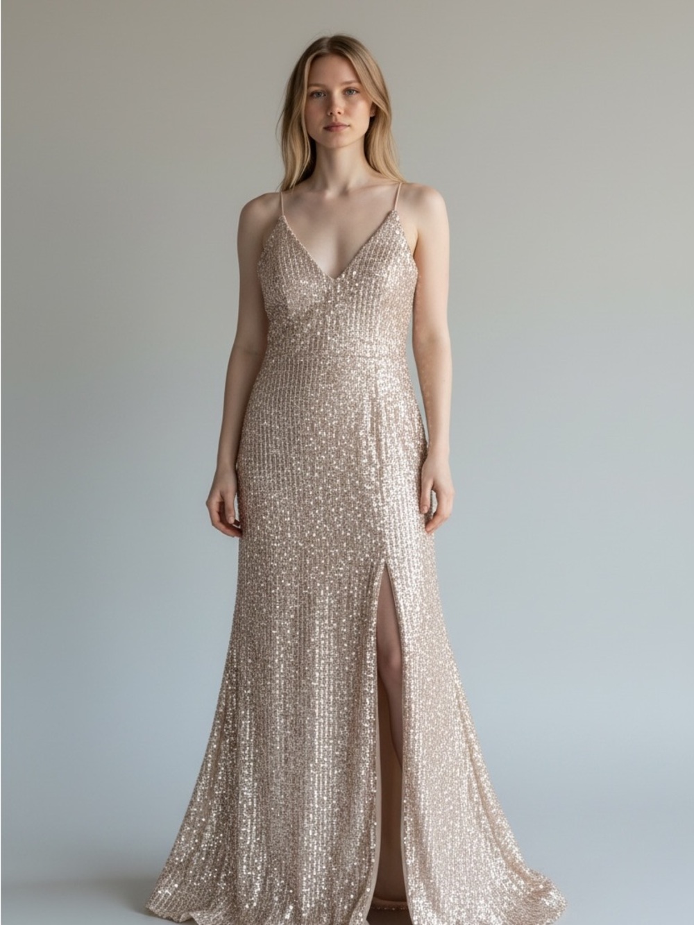Gianni Bini Champagne Sequin V-Neck Spaghetti Strap Gown Cruise Rose Gold Prom